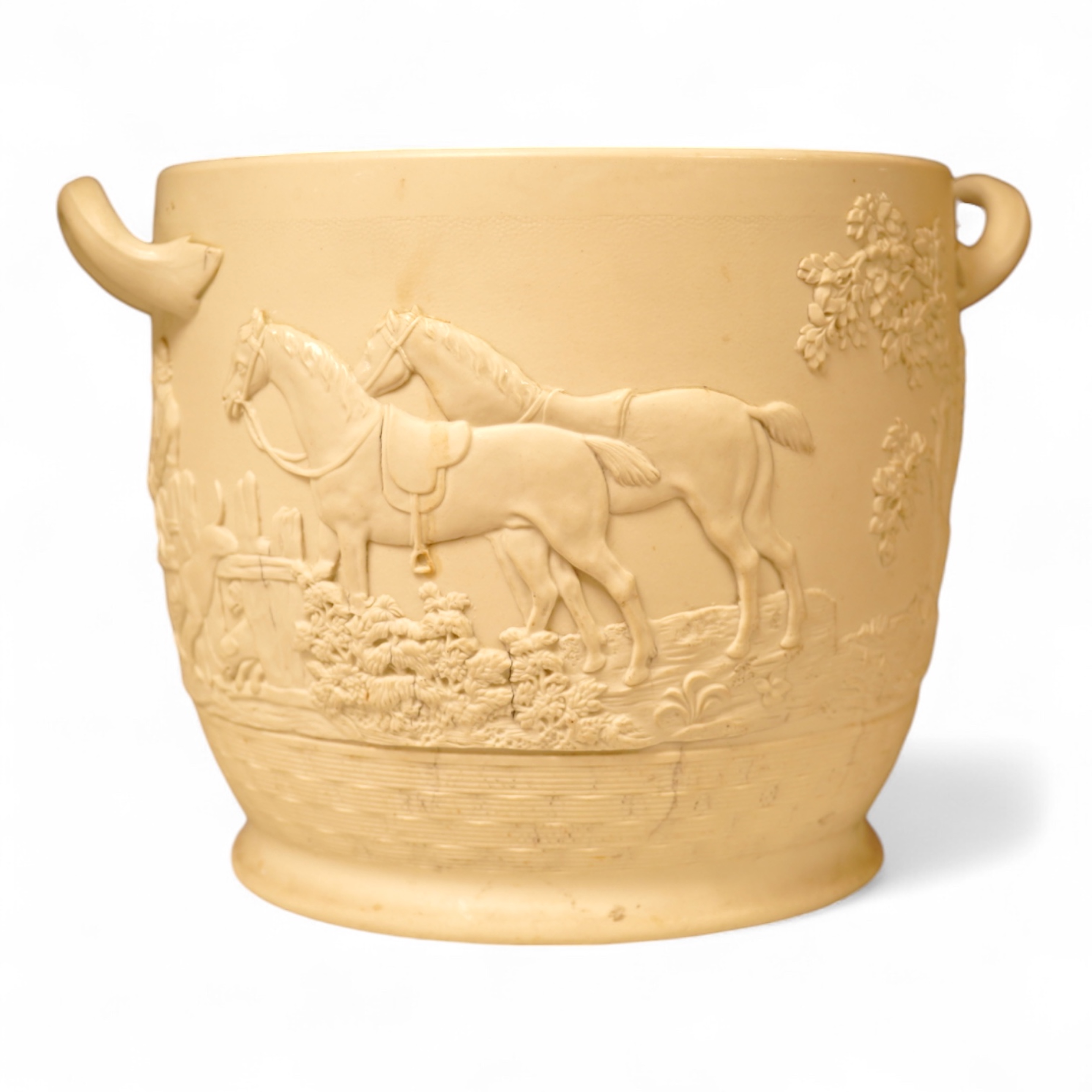 An Adams white stoneware wine cooler with hunting scene, 22.5cm